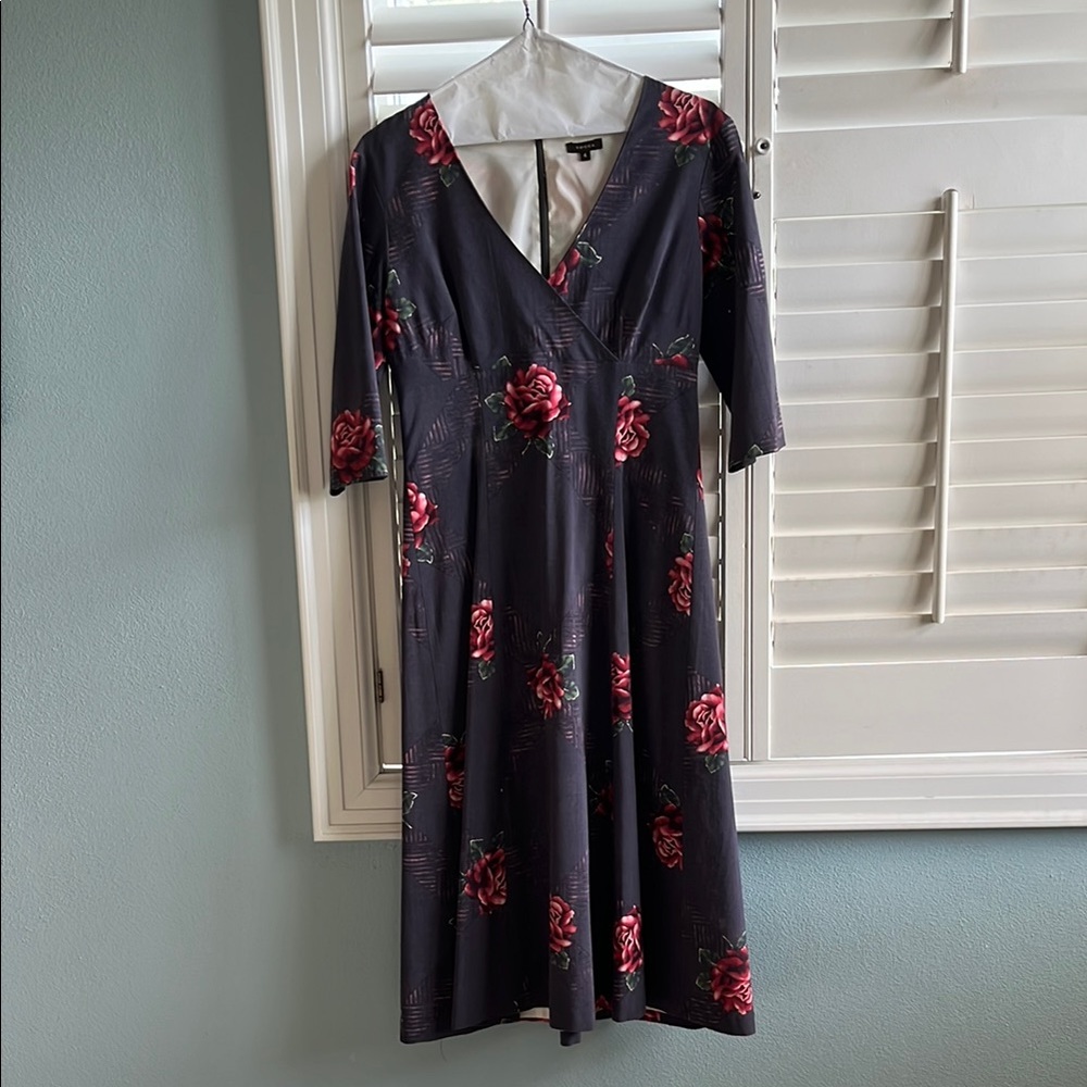 Tocca Blue and Red A-Line Midi Dress V-Neck 3/4 Sleeve